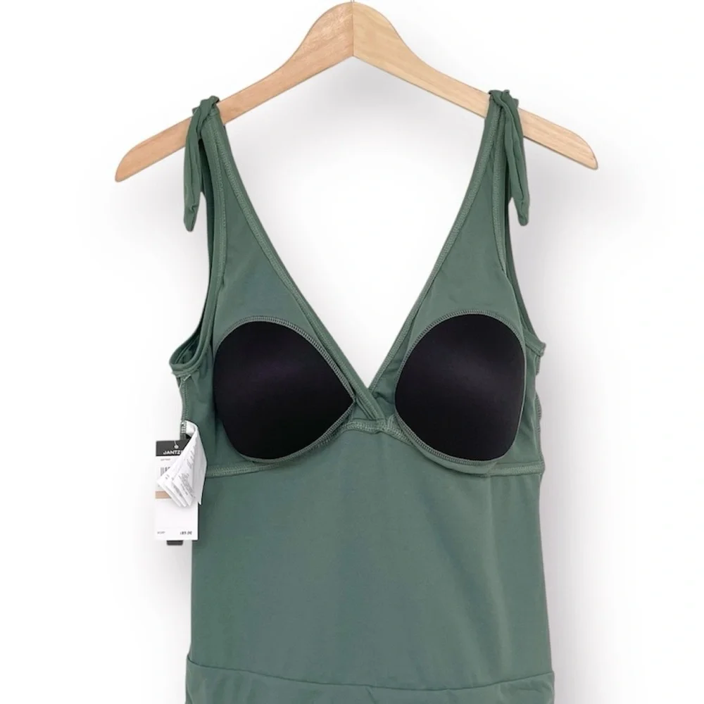 JANTZEN One Piece Surplice Swimsuit Solid Green Lined Stretch Tummy Friendly - Picture 7 of 9